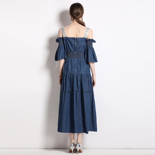 Off Shoulder Bust Embroidery Halter Denim Dress