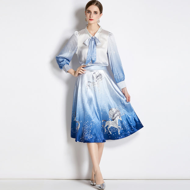 Stylish Top and Skirt Two-Piece Satin Mid-Length Suit