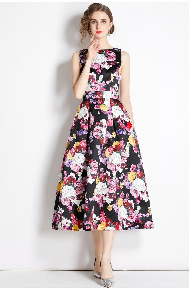 Vintage Print Sleeveless Dress
