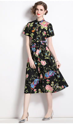 Vintage Printed Short-Sleeved Slim-Fit Mid-Length Large-Swing Dress
