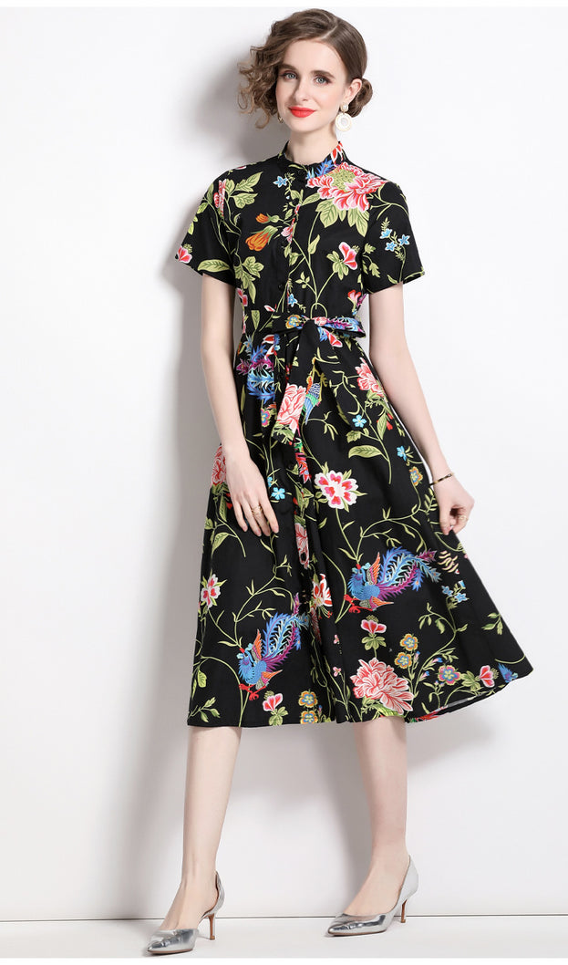 Vintage Printed Short-Sleeved Slim-Fit Mid-Length Large-Swing Dress