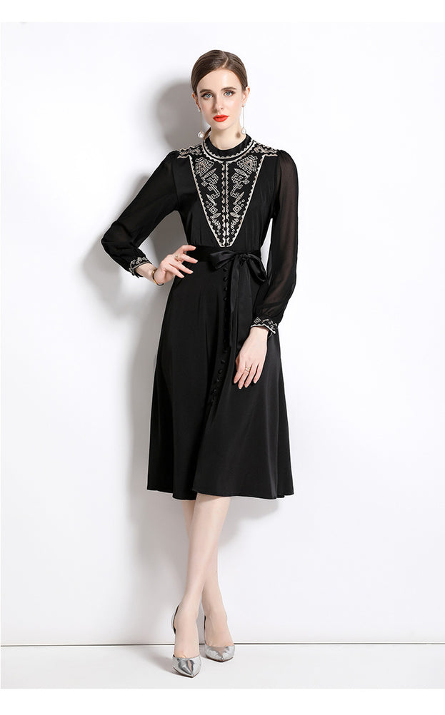 Embroidered Small Stand Collar Bubble Sleeve MIDI Skirt Temperament Waist Slimming Large Swing Dress