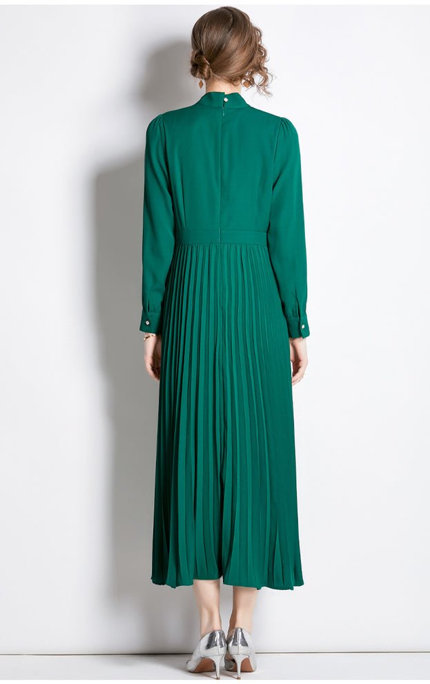 Long-Sleeved Water-Soluble Floral Patchwork Receiving Waist Pleated Long Skirt Dress