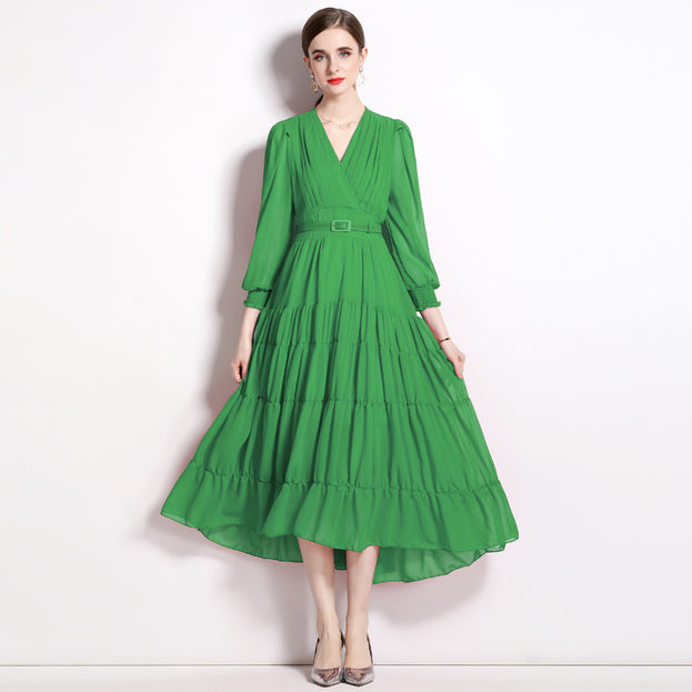 V-Neck Long Sleeved Solid Color Chiffon Waist Slimming Long Skirt Dress