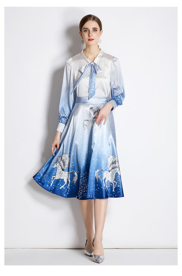 Stylish Top and Skirt Two-Piece Satin Mid-Length Suit