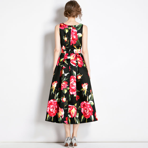 Vintage Print Sleeveless High-Waisted Dress