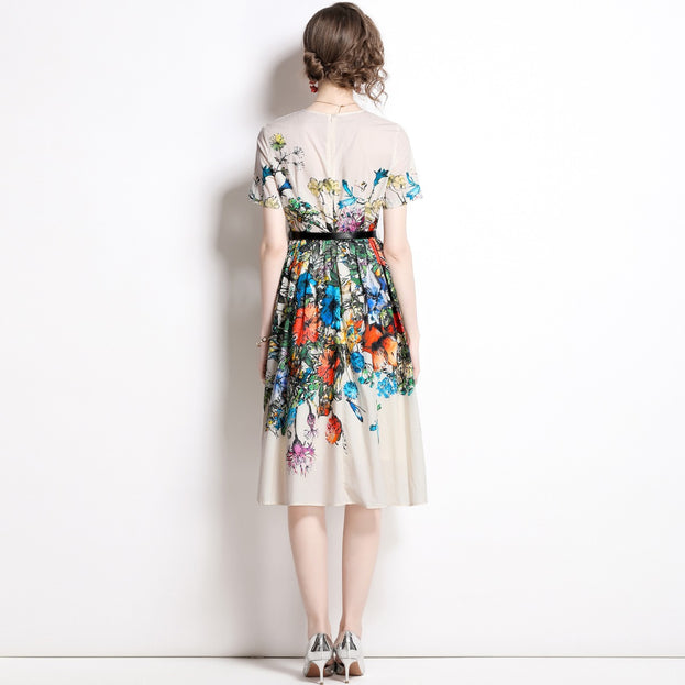 Temperament Printed Crewneck Dress