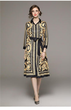 Fashion All Lap Closed Waist Slimming Positioning Palace Style Print Dress with Belt