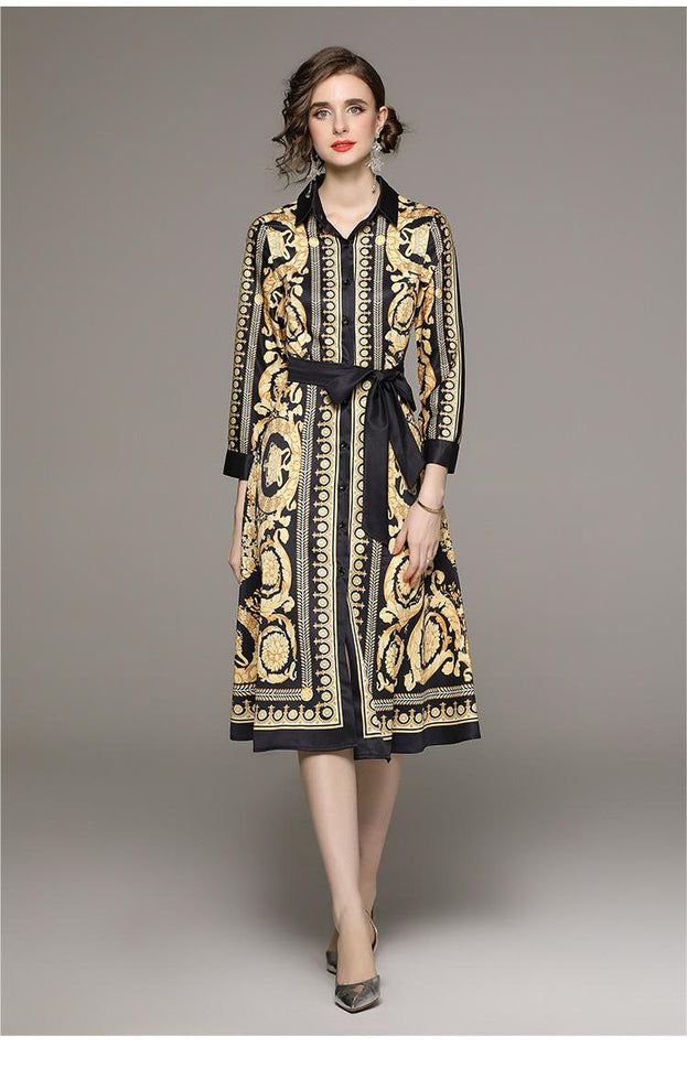Fashion All Lap Closed Waist Slimming Positioning Palace Style Print Dress with Belt
