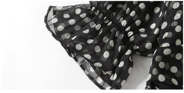 V-neck Lantern Sleeve Irregular Hem Polka Dot Dress