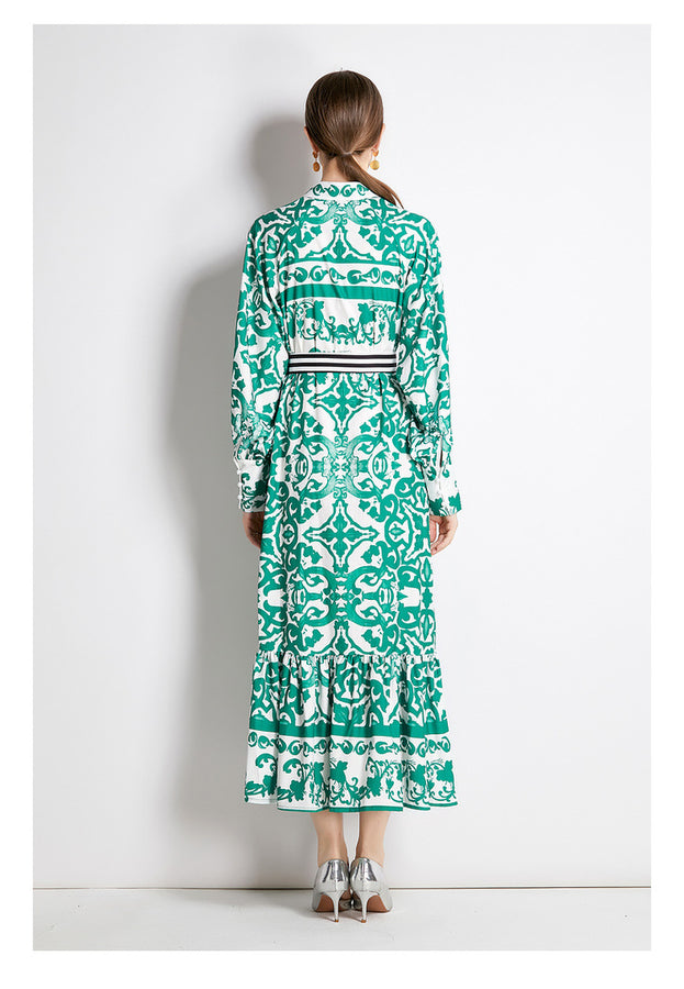 Geometric Print Single Breasted Long Skirt with Small Stand-Up Collar