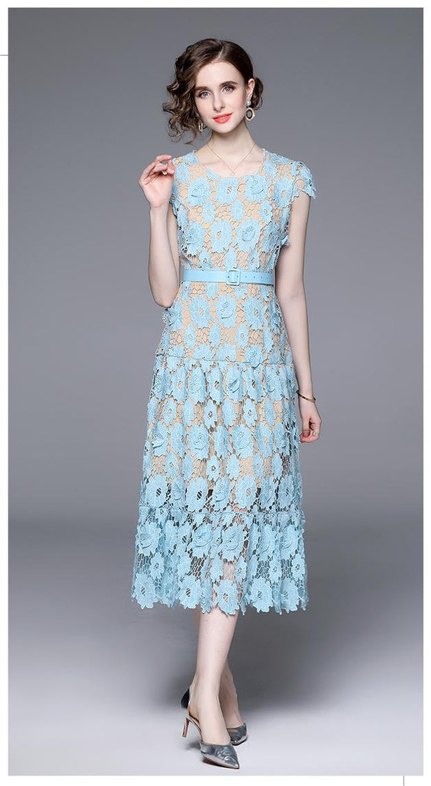 Hollow Oout Water-Soluble Flower Embroidery Round Neck Short Sleeve Solid Color Elegant Long Skirt Dress
