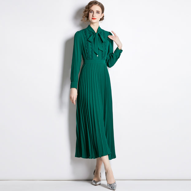 Long-Sleeved Water-Soluble Floral Patchwork Receiving Waist Pleated Long Skirt Dress