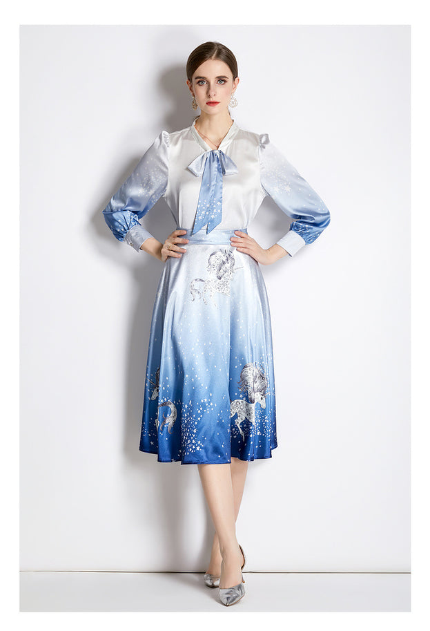 Stylish Top and Skirt Two-Piece Satin Mid-Length Suit