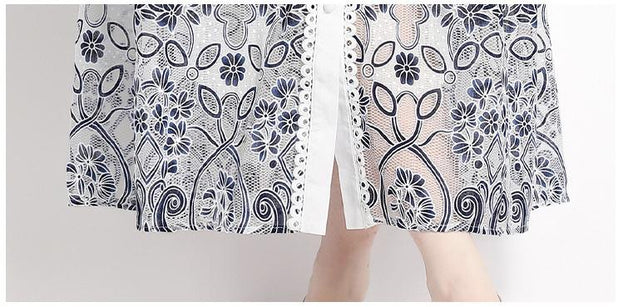 Long-Sleeved Single-Breasted Vintage Print Lace-Up Dress with Waist Tucked in