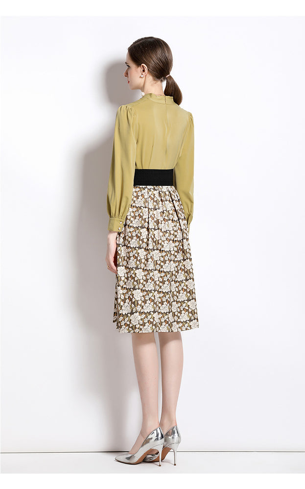 Temperament Waist Slimming V-Neck Long Sleeve MIDI Dress Vintage Print