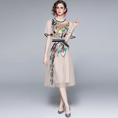 Embroidered Slim Waist Mesh Dress