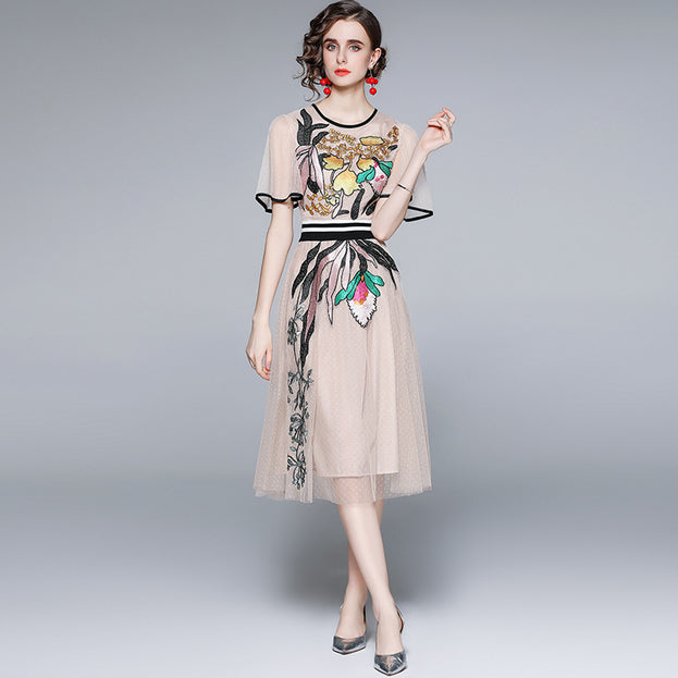 Embroidered Slim Waist Mesh Dress