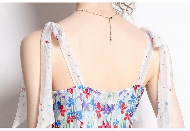 Printed Cake Skirt Lace-Up Suspender Dress