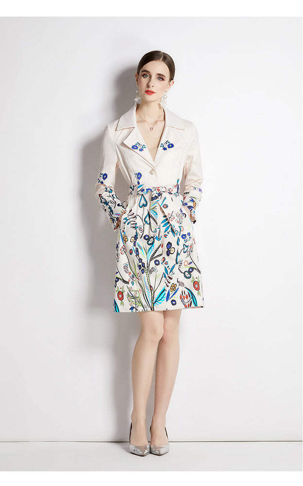 Fashion printed suit collar coat temperament waist slimming breasted mid-length trench coat