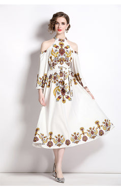 Temperament Vintage Printed Flared Sleeves Off-Shoulder Slim Maxi Dress