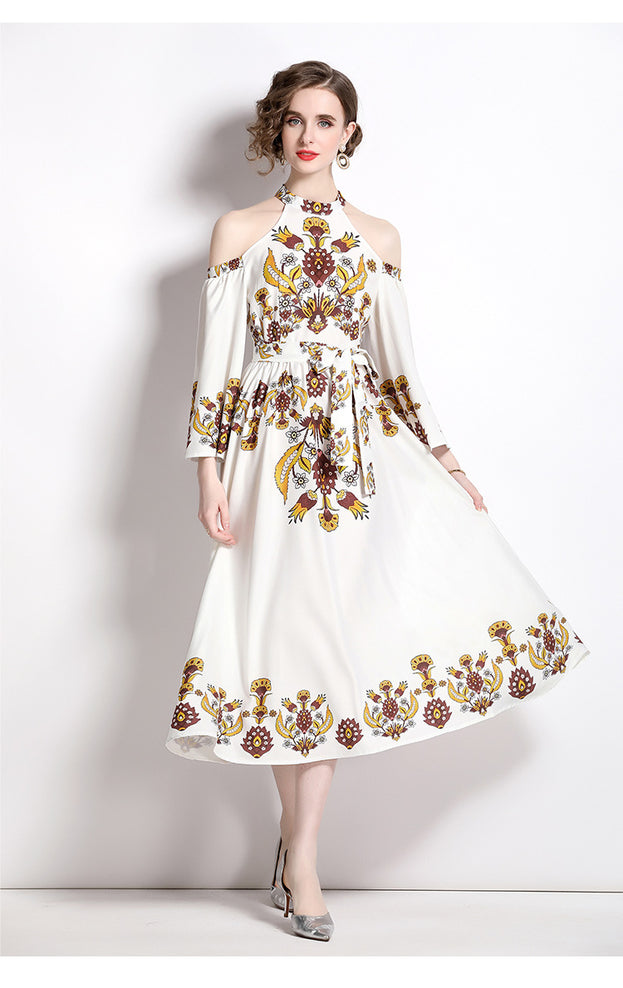 Temperament Vintage Printed Flared Sleeves Off-Shoulder Slim Maxi Dress