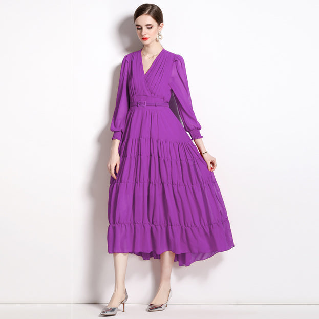 V-Neck Long Sleeved Solid Color Chiffon Waist Slimming Long Skirt Dress