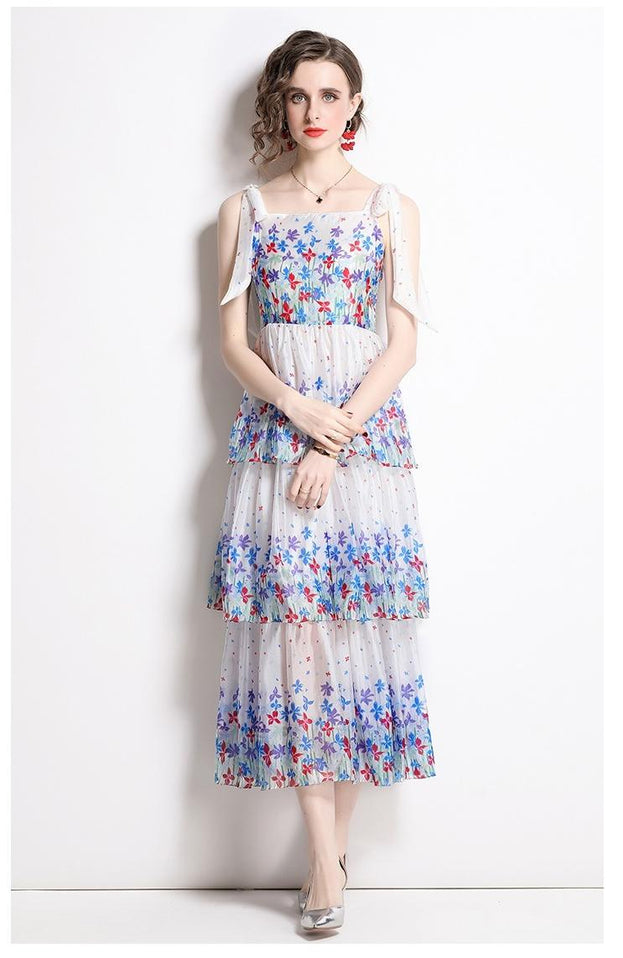 Printed Cake Skirt Lace-Up Suspender Dress