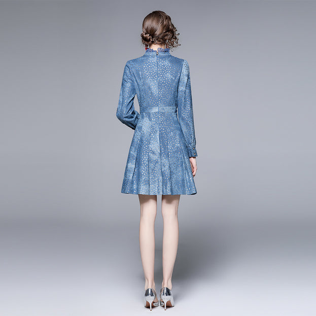 Stand Collar Long Sleeve Perspective Mesh Patchwork Receiving Waist Five-Pointed Star Denim A-Line Skirt Dress