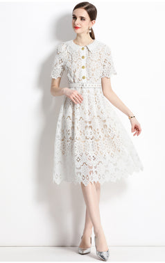 Water-Soluble Floral Embroidery Hollowed Out Lace Collar Short Sleeve Tucked Waist Slimming Dress