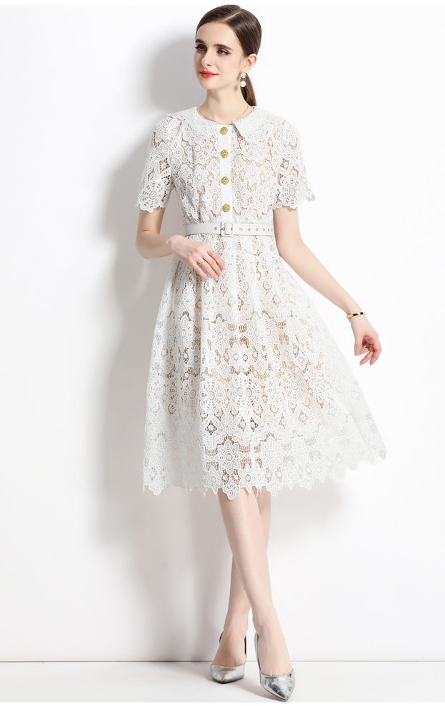 Water-Soluble Floral Embroidery Hollowed Out Lace Collar Short Sleeve Tucked Waist Slimming Dress