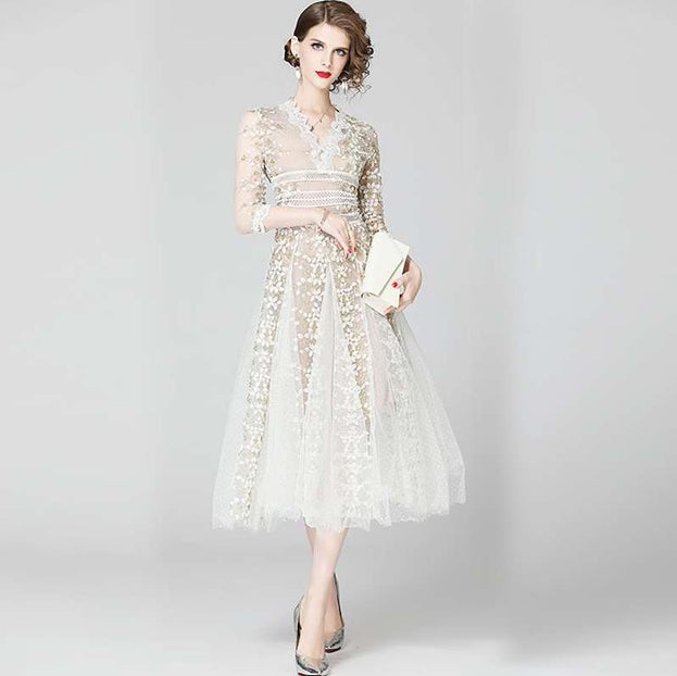 Slimming V-Neck Nine-Point Sleeved Long Skirt Dress