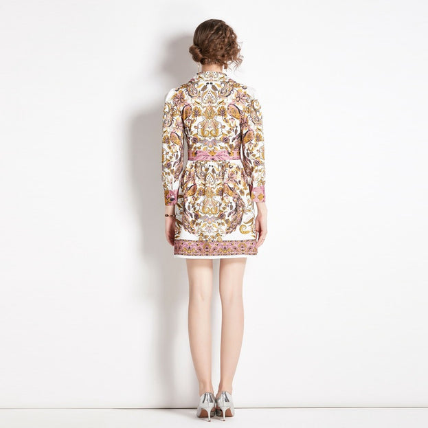 Vintage Lapel Lace-Up Design Printed Dress