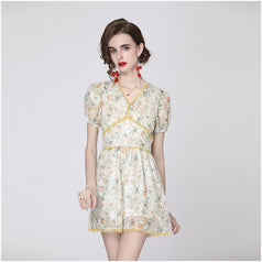 V-Neck Short-Sleeved Slim Jumpsuit Temperament Floral Wide-Leg Jumpsuit Shorts