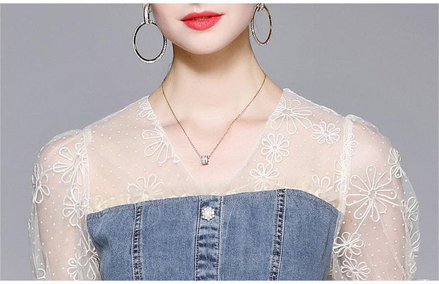 Embroidered Mesh Stitching Denim Slim Waist Slit Fishtail Swing Dress
