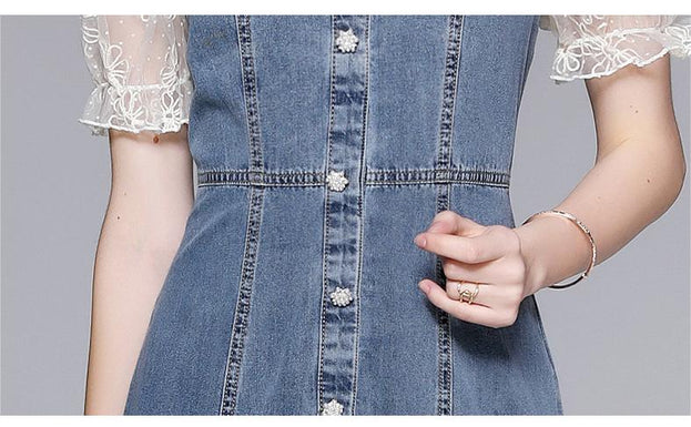 Embroidered Mesh Stitching Denim Slim Waist Slit Fishtail Swing Dress
