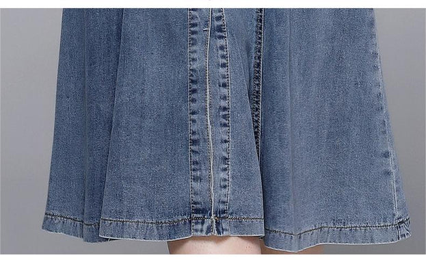 Embroidered Mesh Stitching Denim Slim Waist Slit Fishtail Swing Dress