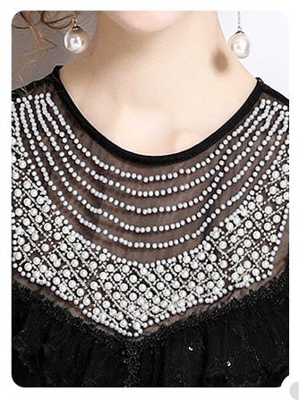 Temperament Fashion Gauze Beaded Piece Embroidered Bubble Sleeve Lace Cake Skirt Dress