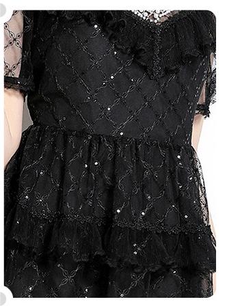 Temperament Fashion Gauze Beaded Piece Embroidered Bubble Sleeve Lace Cake Skirt Dress