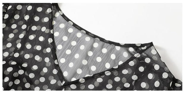 V-neck Lantern Sleeve Irregular Hem Polka Dot Dress