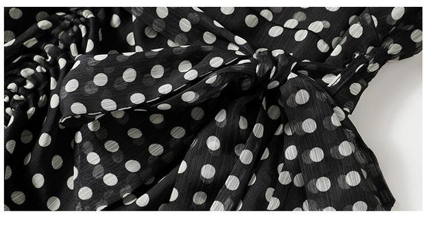 V-neck Lantern Sleeve Irregular Hem Polka Dot Dress