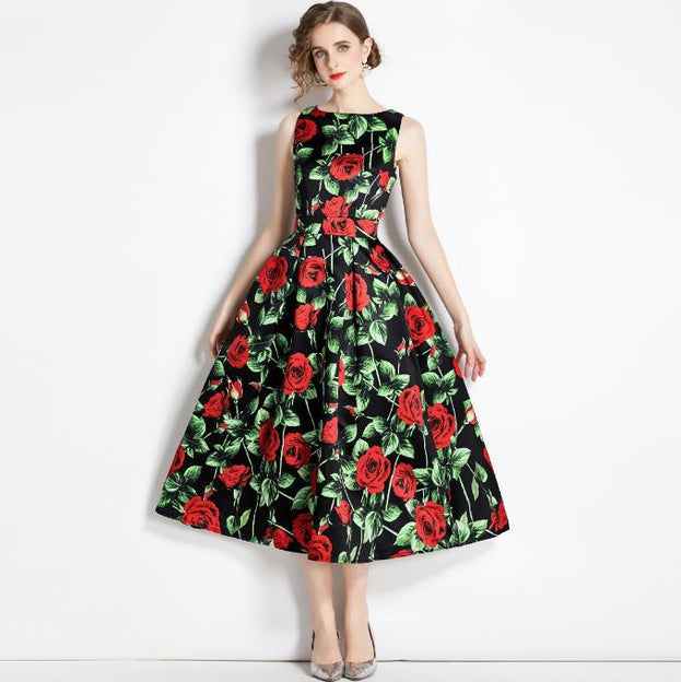 Vintage Print Sleeveless High-Waisted Dress
