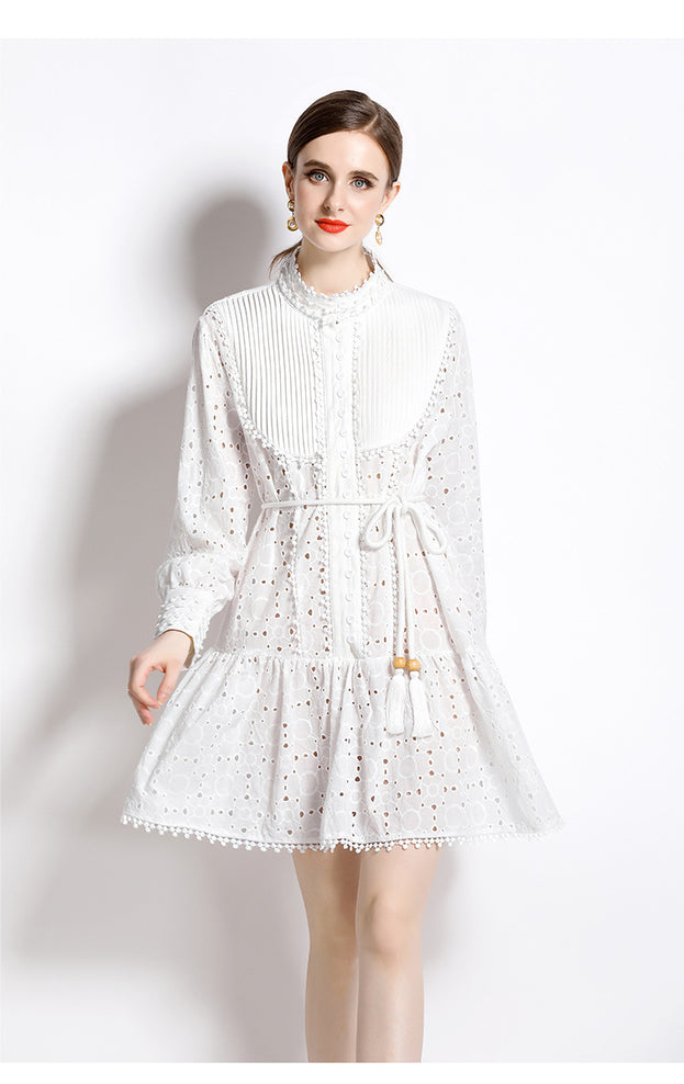 Stand-Up Collar Temperament Continuously Empty Single Breasted Lantern Sleeve Lace-Up Skirt Dress
