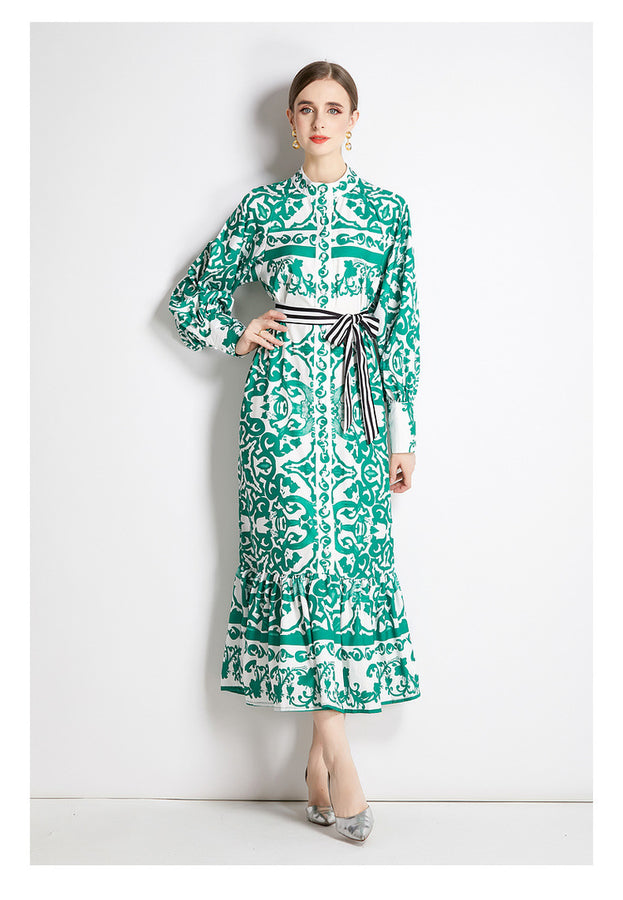 Geometric Print Single Breasted Long Skirt with Small Stand-Up Collar