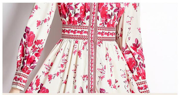 Retro Palace Style V-Neck Single Breasted Lantern Sleeve Tucked Waist Slimming Dress
