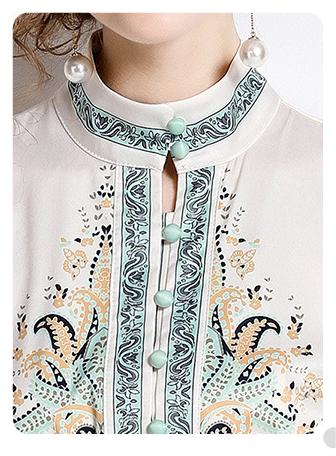 Fashion Vintage Fresh Stand-Up Collar Long-Sleeved Printed Dress