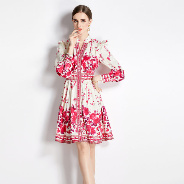 Retro Palace Style V-Neck Single Breasted Lantern Sleeve Tucked Waist Slimming Dress