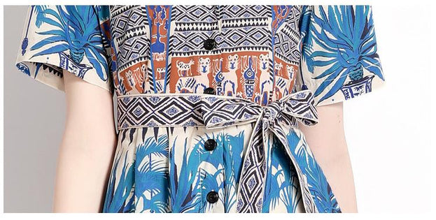 Vintage Printed Single Breasted Lace-Up Waist A-Line Skirt Short Sleeved Dress