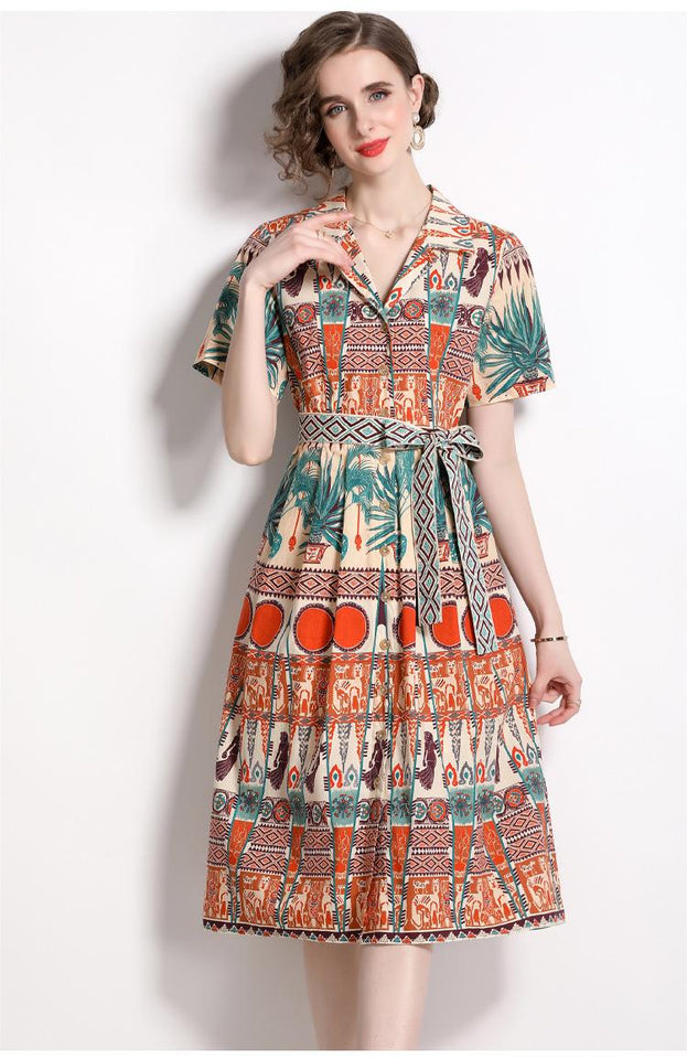Vintage Printed Single Breasted Lace-Up Waist A-Line Skirt Short Sleeved Dress