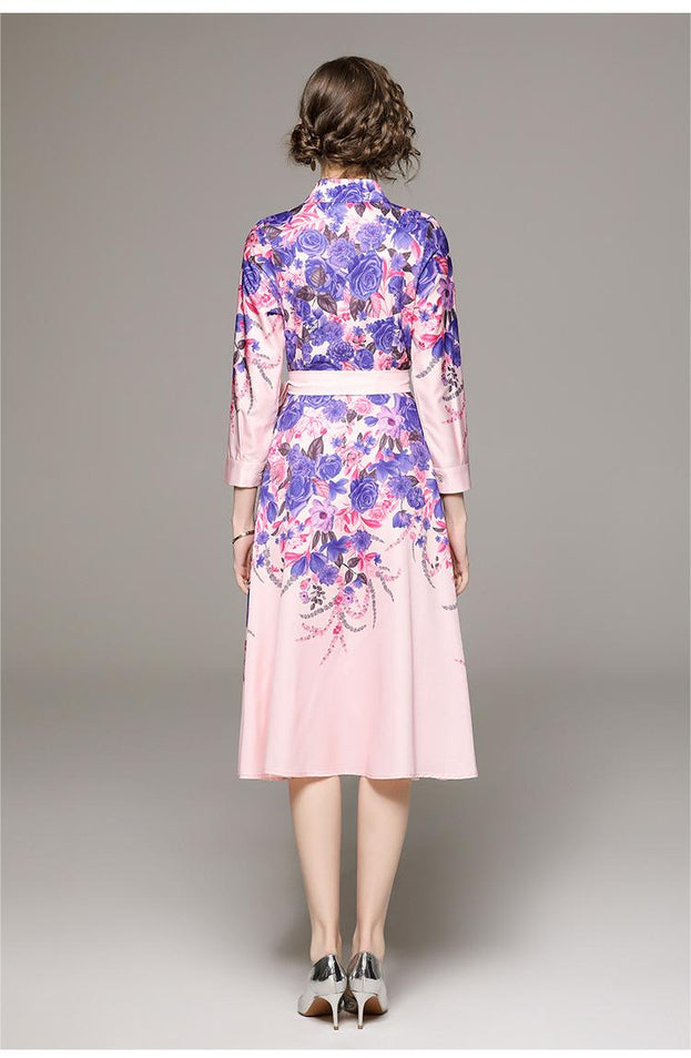 Fashion All-in-One Collection Waist Slimming Positioning Printed Dress with Belt